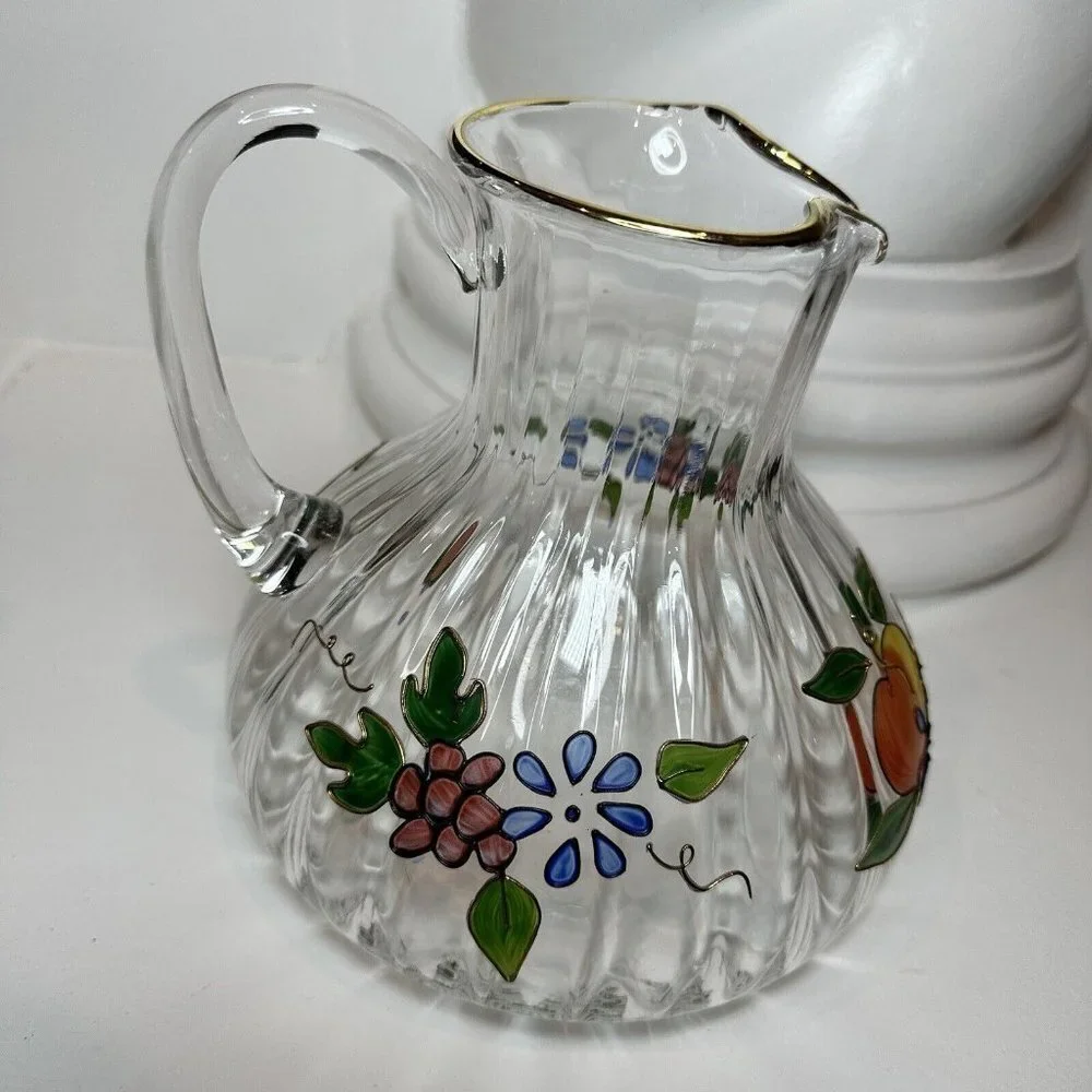 Crystal Clear Pitcher 8‎ Inch Ribbed Venetian Fruit 22K Gold Trim Romania 96 oz